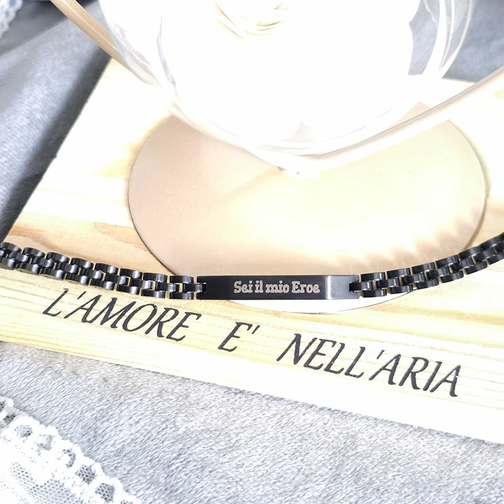 Bracciale in Acciaio Nero "Sei il mio Eroe" – Edizione Speciale Festa del Papà